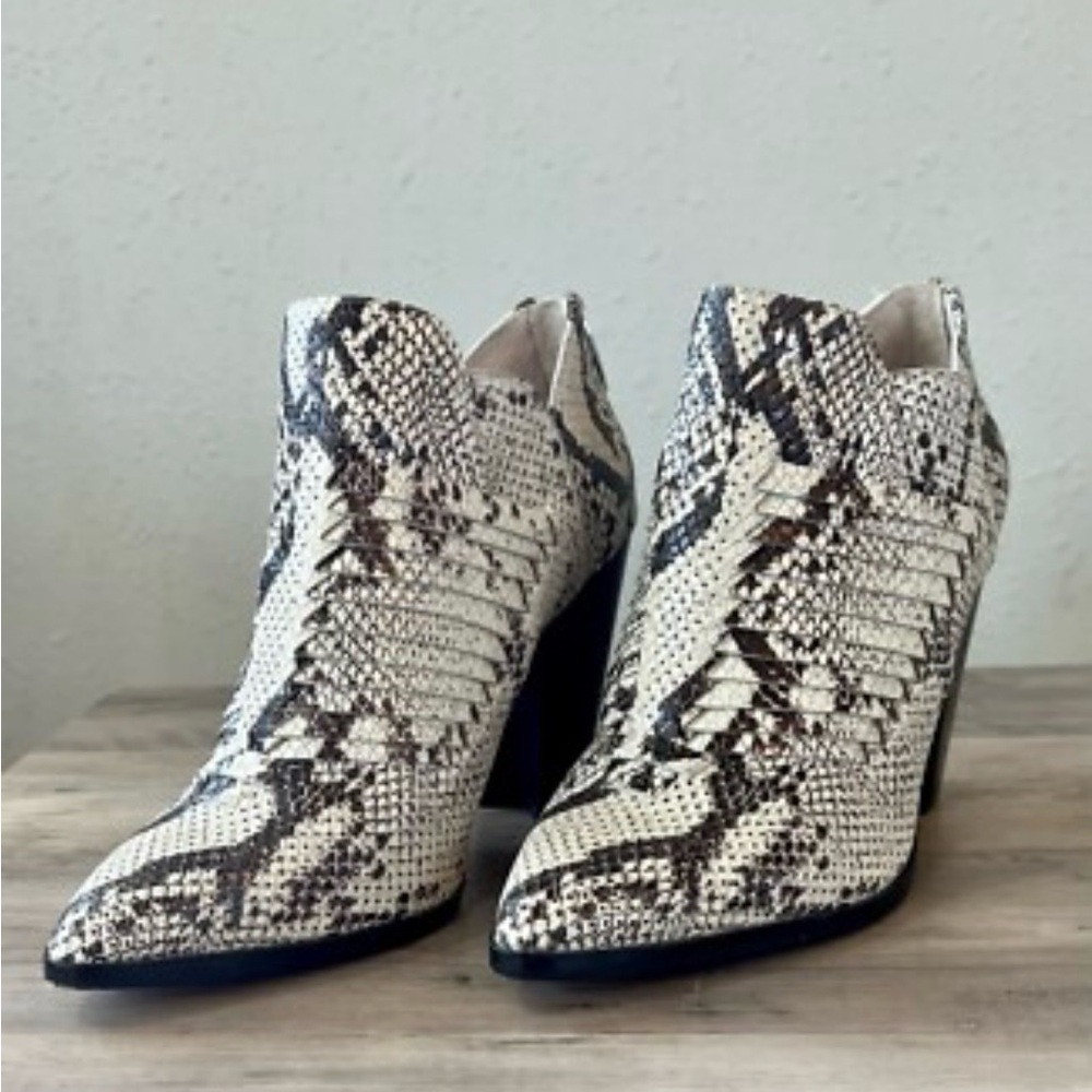 Vince Camuto White and Brown Snake-Print Pointed Ankle Booties
